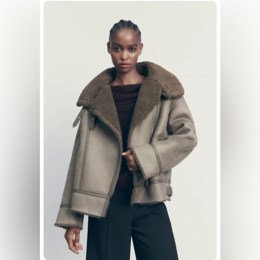 NEW WITH TAGS Zara Faux Leather Shearling Double Faced Jacket- Size M Taupe/Gray